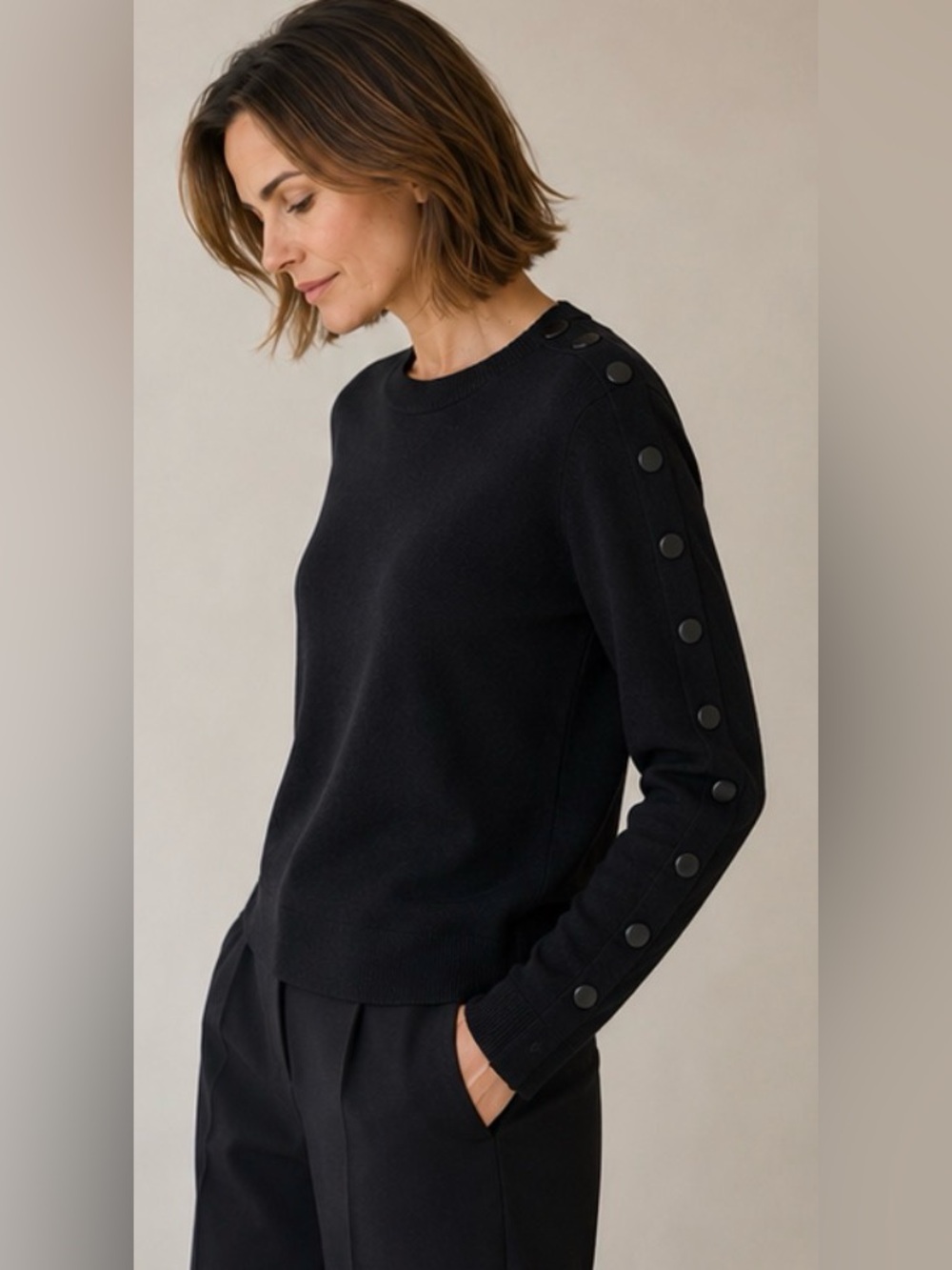 Akris Punto Virgin Wool Snap Detail Knit Sweater Black L Classic Architectural